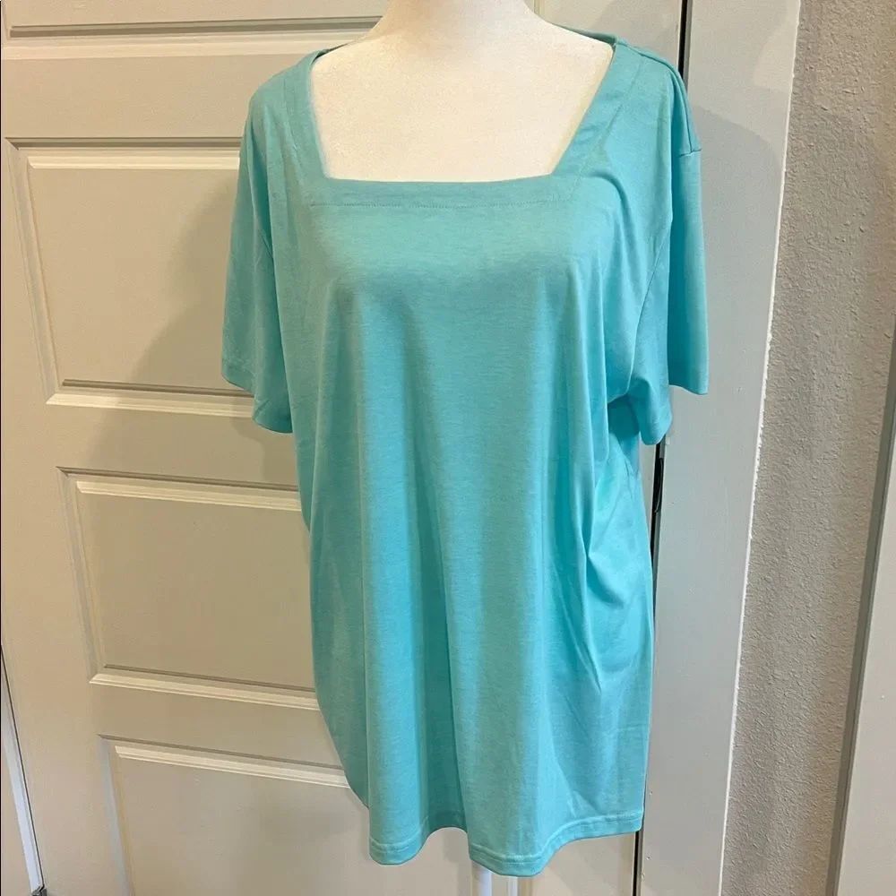 Women's Square Neck Short Sleeve Aqua Top - Size XL